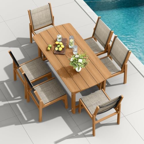 HDPE Outdoor Dining Set, Patio Table and 6 Stackable Armless Chairs, Teak by Suunyn