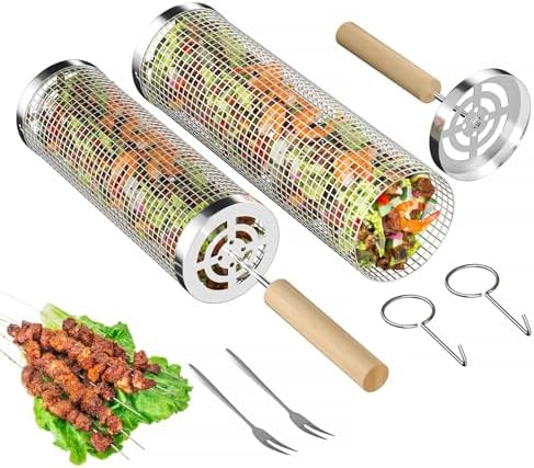 Rolling Grilling Baskets for Outdoor Grill, 2 Pcs BBQ Grill Basket, Stainless Steel Barbeque Grill accessories set, Camping Picnic Cooking Tools for Vegetable/Shrimp/Chicken, Gifts for Men Dad Husband - Image 2
