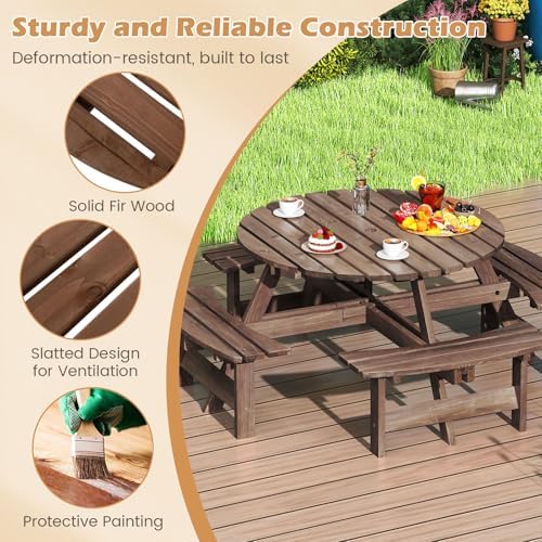 Giantex 8-Person Round Picnic Table Set with 4 Benches, 550 LBS Bench Capacity, 2" Umbrella Hole, Circular Outdoor Wood Dining Table & Chairs for Patio Yard Garden Porch Deck (71”x71”x28”,Brown) - Image 6