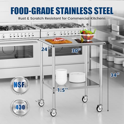 Stainless Steel Work Table with Wheels, 24x30 Inch NSF Kitchen Prep Table with Adjustable Undershelf for Commercial Restaurant, Garage, Outdoor BBQ - Image 3