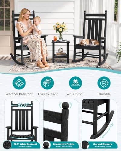 SERWALL Comfortable Outdoor Rocking Chairs Set of 3, Black - Image 5