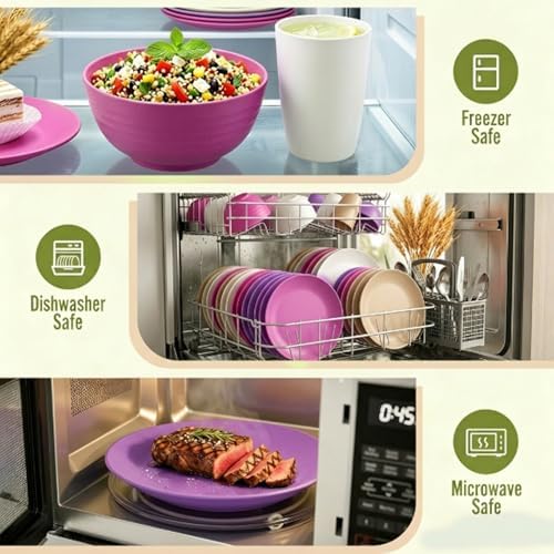 Wheat Straw Dinnerware Sets 40 PCS Bowl and Plate Sets With Cup Dishes Set for 8 Unbreakable Dish Sets Microwave Safe Plates Dinner Bowls Drinking Glasses With 4 Color - Flower Color - Image 6