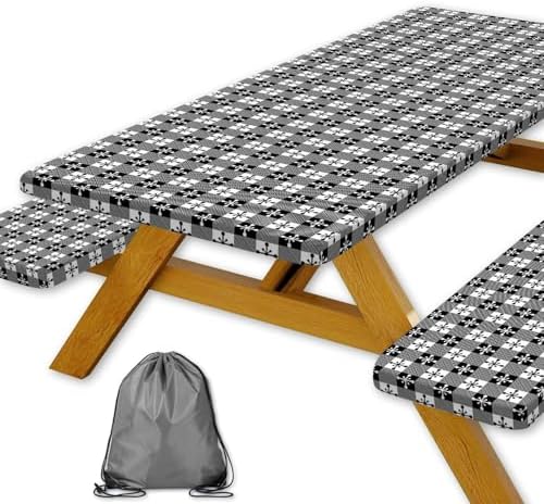Picnic Table Cover with Bench Covers and Bag, Camping Essentials, Buffalo Plaid Waterproof and Windproof, Fitted Tablecloth Cover with Elastic Edge, for Outdoor, 3 PCS, (Black & White, 30"x96") by Xguatan