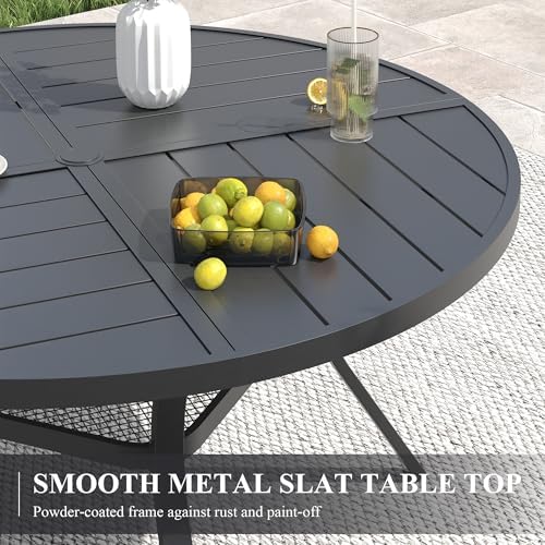 VICLLAX Patio Dining Set for 6, All Weather Metal Outdoor Furniture Set Includes 47" Round Patio Table and 6 Patio Stacking Chairs, Black Tabletop and Brown Fabric - Image 5