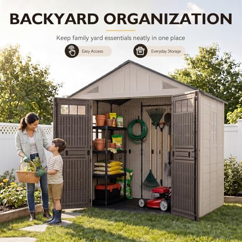 Aoxun 8x8 Ft Outdoor Storage Shed with Floor, Large Resin Outdoor Shed with Lockable Door & Windows, Garden HDPE Sheds for Lawn Tools, Pool Supplies & Bikes - Image 2