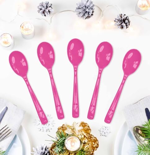 SietDESEO 50 PCS Hot Pink Plastic Spoons Disposable Utensils Heavy Duty Hot Pink Spoons Disposable Cutlery for Birthday Wedding Baby Shower Bridal Shower Plastic Silverware - Image 2