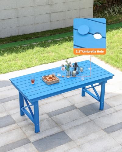 HDPE Outdoor Dining Table, 66.9” Rectangle Patio Dining Table for 6, All-Weather HDPE Outdoor Table with 2.2” Umbrella Hole, HDPE Patio Furniture for Deck, Backyard, Garden, Pool, Sky Blue - Image 3