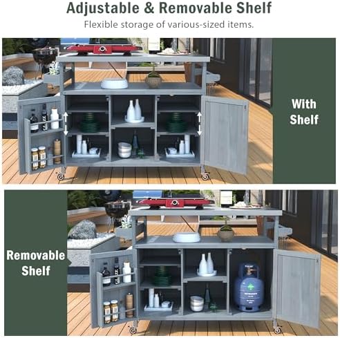Outdoor Kitchen Island with Stainless Steel Top, Rolling Bar Cart & Storage Cabinet, 100% Solid Fir Wood BBQ Prep Station Grill Table with Spice Rack & Towel Holder (Gray Blue, 50-Inch) - Image 5