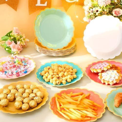 96 Pcs Colorful Coral Paper Plates 9 Inch Pastel Rainbow Scalloped Paper Plates Disposable Dinner Dessert for Birthday Wedding Bridal Party Supplies, 6 Colors - Image 2