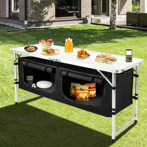Camping Table with Storage, Portable Lightweight 3 Height Adjustable for Outdoor,Black - Image 2