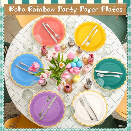 96 Pcs Boho Rainbow Paper Plates 9 Inch Colorful Scalloped Paper Plates Disposable Dinner Dessert for Birthday Wedding Bridal Party Supplies, 6 Colors - Image 2