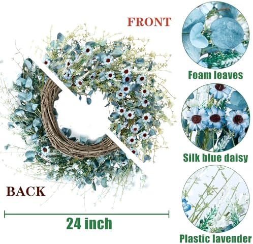 Sggvecsy Blue Daisy Wreath 24 Inch Spring Summer Fake Silk Floral Wreath with Green Eucalyptus Leaves and Lavender for Front Door Window Wall Wedding Farmhouse Festival Decor - Image 7