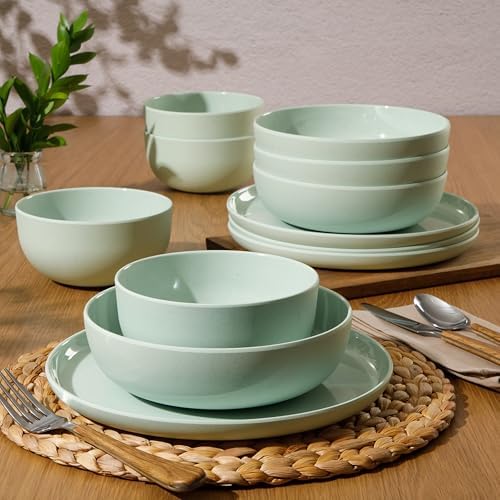 Gibson Home Candy Skies 12 Piece Unbreakable Wheat Straw Melamine Plates and Bowls Dinnerware Set - Outdoor, Camping, & Everyday Use - Matte Exterior/Shiny Interior Green - Image 4