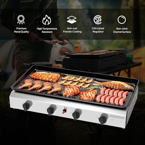ROVSUN 4 Burner Portable Propane Griddle with Electronic Ignition & Regulator, 40,000 BTU Tabletop Flat Top Gas Grill with Nonstick Enameled Tray for Outdoor Cooking Camping BBQ Tailgating - Image 5