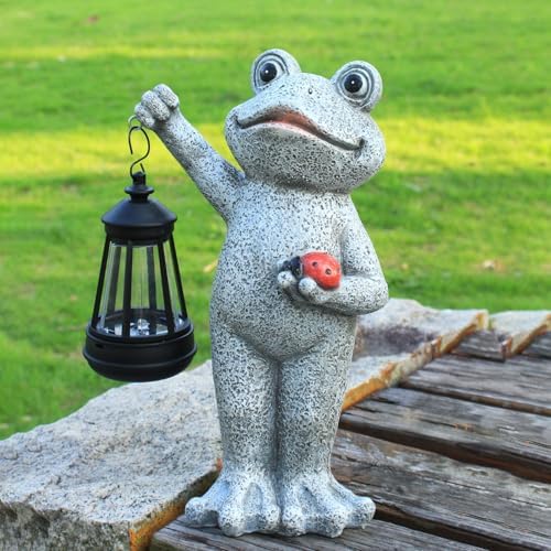 Solar Frog Garden Statue, Resin Figurine with Ladybug & Hanging Solar Lantern Outdoor Decor - Image 2