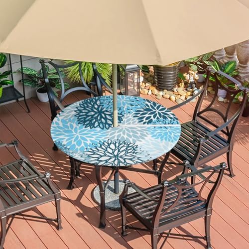 Round Tablecloth with Umbrella Hole and Zipper Elastic Fitted Table Cloth 36"-44" Oil-Proof Waterproof Chrysanthemum Patio Table Cover for Outdoor Dining Picnic Party, Spring Summer Blue Floral - Image 7