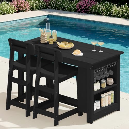 SERWALL 3-Piece Outdoor HDPE Counter-Height Bar Set with 2 Stools, Black by SERWALL