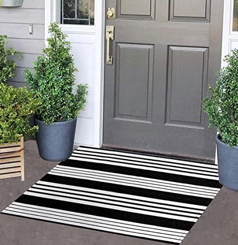 Black and White Striped Door Mat Outdoor 24"x35"Washable Layered Doormat by BUAGETUP
