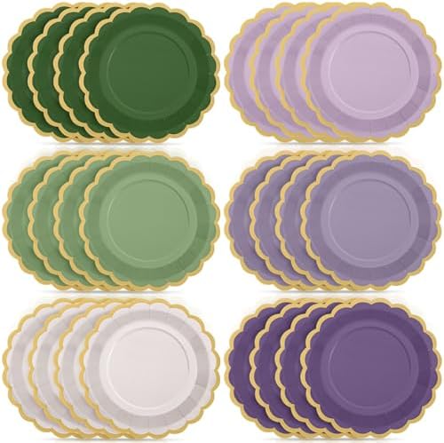 48 Pcs Sage Green Purple Paper Plates 9 Inch Scalloped by Tiangrid