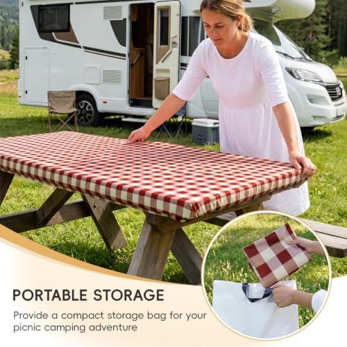 SquarePie 6FT Picnic Table Cover with Bench Covers, Burgundy Checkered - Image 6