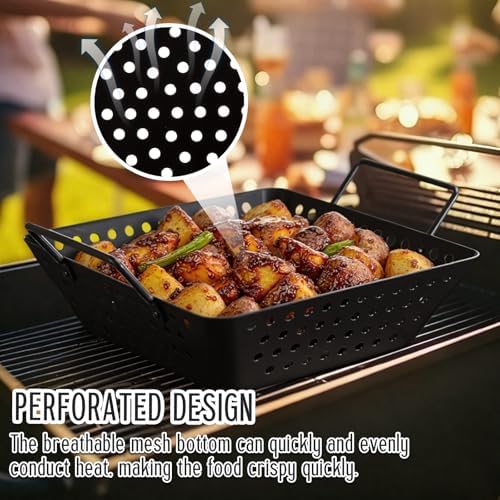 3 Pack Grill Topper Pans for Outdoor Grill, Stainless Steel Vegetables BBQ Grilling Basket with Holes Handles, Nonstick Barbecue Pan Grilling Gifts for Camping Picnic Cooking Seafood Meat - Image 4
