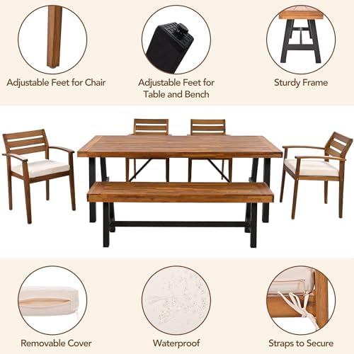 Harper & Bright Designs GO Outdoor Wood Dining Set for 6-7 Person, Outdoor Dining Furniture with Removable Cushions, Ergonomic Chairs and Bench, Thicker Table, Nature - Image 2