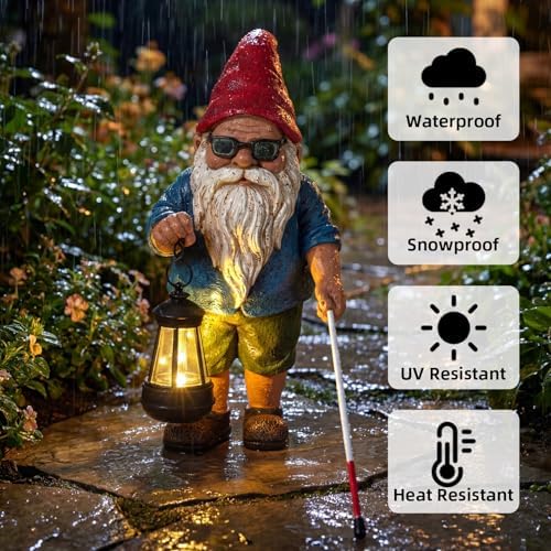 Solar Garden Gnome Outdoor Statue, 10.2 inches Blind Man Gnome with Lantern - Image 4