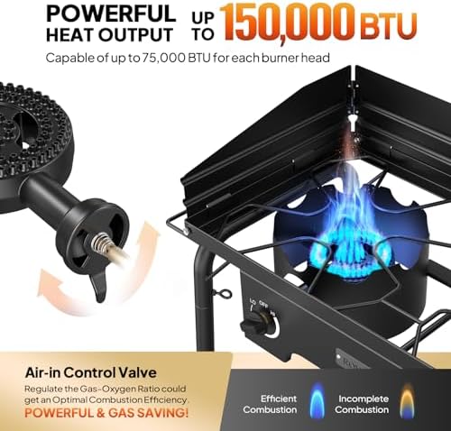 ROVSUN 2 Burner Gas Stove with Side Shelves, 150,000 BTU Portable Propane Stove with Removable Legs, Wind Panels & Regulator for Camping Home Backyard Cooking Brewing Canning Turkey Frying - Image 2