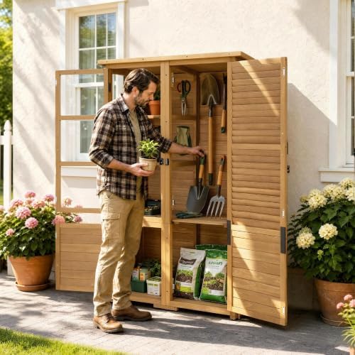 Macrout 30 Cu.Ft Outdoor Storage Cabinet with 4 Shelves for Garden, Outside Vertical Storage Wood Tool Shed with Waterproof Roof, Lockable Door for Yard and Patio Lawn W981D - Image 2