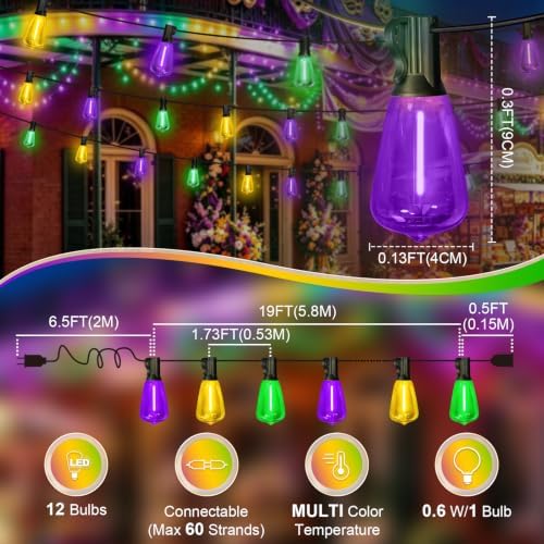 26FT Yellow Purple Green Outdoor String Lights, Mardi Gras ST38 Patio Lights 12+1 Shatterproof Edison Bulbs, Waterproof Connectable LED Outside Lights for Backyard Porch Carnival Christmas Party Decor - Image 3