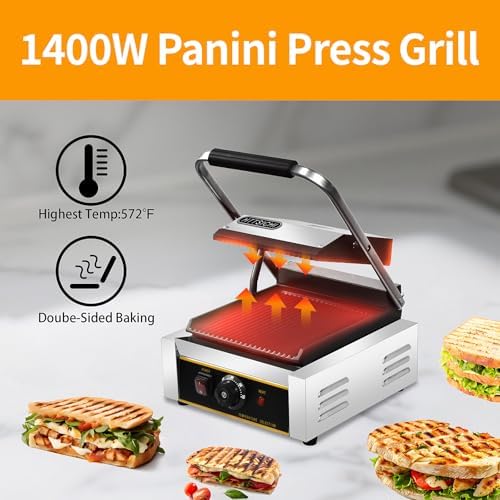 Commercial Panini Press - 1800W Commercial Electric Panini Sandwich Grill w/Nonstick Coating & Adjustable Temp, Panini Grill Press w/ 9" x 9" Cooking Pan, Double-sided Heating - Image 3