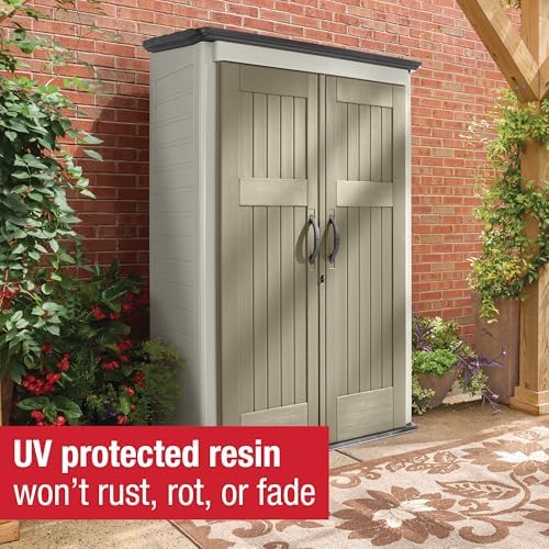 Rubbermaid Vertical Resin Outdoor Storage Shed With Floor (4 x 2.5 Ft) Weather Resistant Beige/Brown Organization for Home/Backyard/Pool Chemicals/Toys/Garden Tools/Porch/Patio Cushions - Image 4