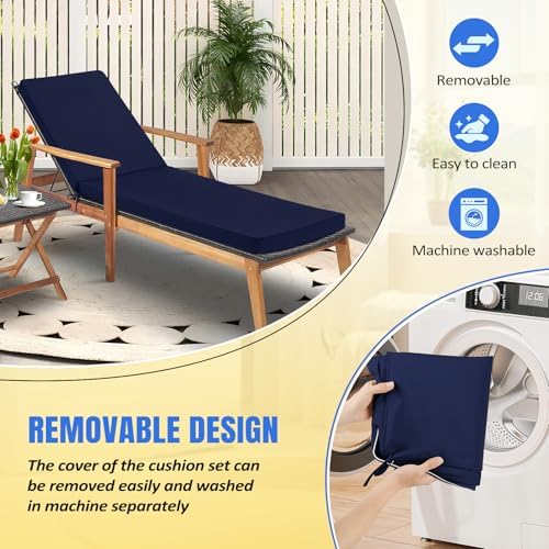 Basic Beyond Chaise Lounge Cushions Outdoor, 3-Layer Waterproof Outdoor Furniture Cushions with Removable Cover and 4 Ties, 72"x21"x3" Patio Lounge Chair Cushions for Outdoor Furniture, Navy - Image 5