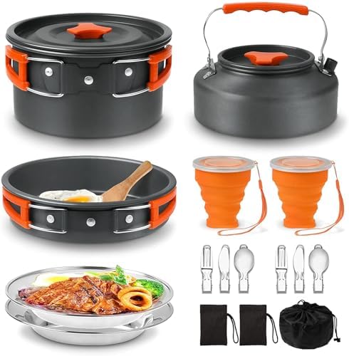 Camping Cooking Set Camping Cookware Outdoor Aluminum Mess Kit with Frying Pan, Pot with Lid, 1.2L Kettle Set and 2 Stainless Steel Plate, 2 Folding Cups and 2 Set Knives Spoons for Backpacking Picnic by SANHESHUN