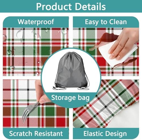 Red Green White Plaid Picnic Table Cover with Bench Covers and Bag, Camping Essentials, Water Resistant Windproof, Fitted Tablecloth Cover with Elastic Edge, for Indoor & Outdoor 3 PCS, 30x72 Inch - Image 7