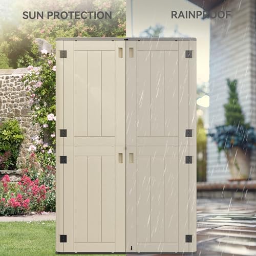 YITAHOME 60 cu ft Tall Outdoor Storage Shed w/o Shelf, Resin Vertical Outdoor Storage Shed, Large Waterproof Storage Cabinet for Garage, Poolside, and Garden (Khaki + Black) - Image 5