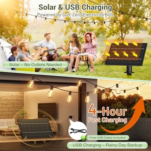 100FT Solar String Lights Outdoor Waterproof, 35+1 LED Shatterproof Bulbs Solar Powered with Remote & USB Port, 3 Light Modes Dimmable Patio Lights for Backyard, Garden, Camping - Image 4
