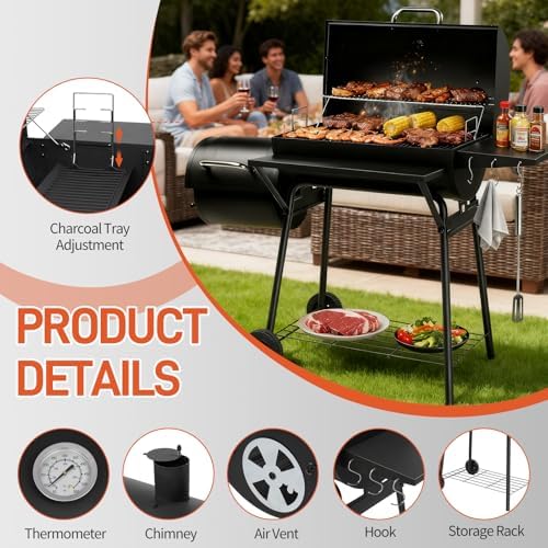 Outvita Charcoal Grill with Offset Smoker, Barrel Barbecue Smoker, Black - Image 3