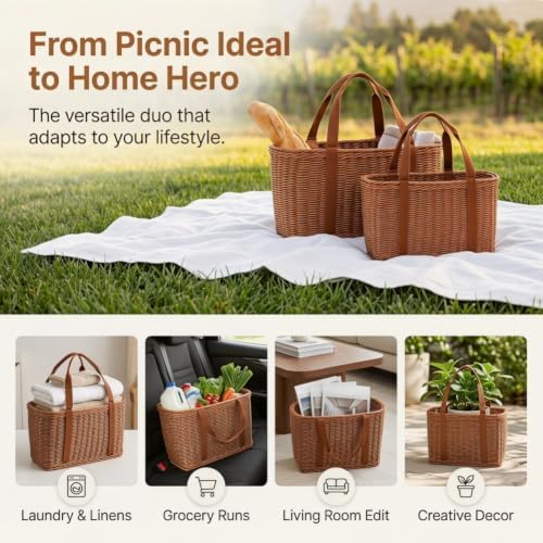 Shopping Wicker Basket with Handles, Handwoven Picnic Basket, Portable Storage Decor for Kitchen, Home, Outdoor and Farmers Market (S+M) - Image 6