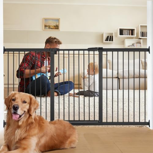 Extra Wide Dog Gate for Doorways Hallways 71.2"-76.7", 30 in Tall Baby Gates with Door No Drill, Auto Close Child Safety Gate for Pet Kid Doggie Cat Proof, Large Long Dog Barrier Indoor House, Black by Unknown