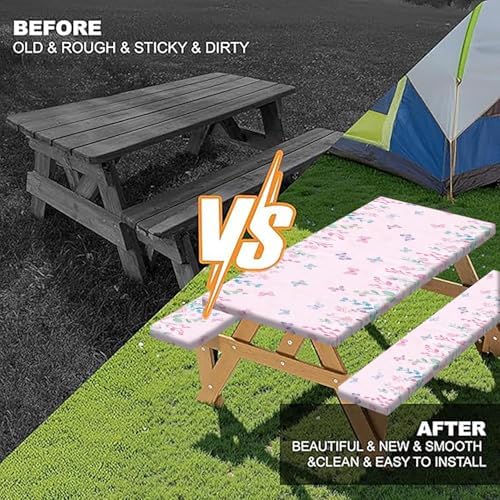 Butterfly Picnic Table Cover with Bench Covers, Camping Essentials, Flower Leaf Plant Waterproof Windproof Table Cover, Fitted Tablecloth Cover with Elastic Edge, for Indoor & Outdoor 3 PCS 30x72 Inch - Image 5