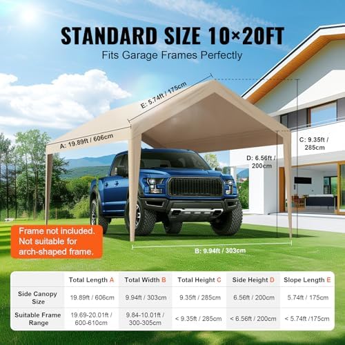 VEVOR Carport Replacement Canopy Cover 10 x 20 ft, Garage Top Tent Shelter Tarp Heavy-Duty Waterproof & UV Protected, Easy Installation with Ball Bungees,Beige (Only Top Cover, Frame Not Include) - Image 4