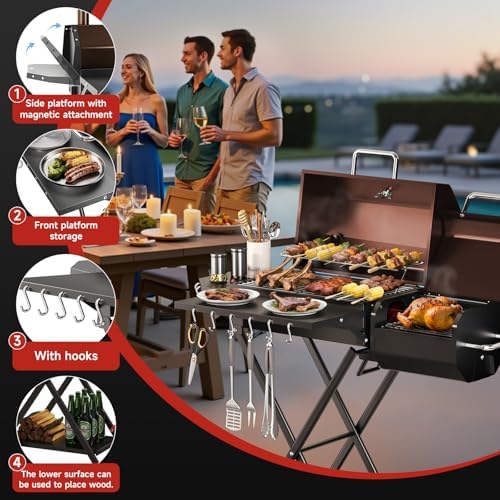 Portable Charcoal Grill with Smoking Function, Foldable Suitcase Design with Wheels, Multi-Tier Storage Rack & Waterproof Cover for Outdoor BBQ Parties (Khaki) - Image 6