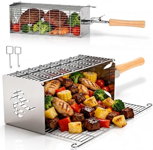 TNTOR Square Grill Basket, Larger 304 Stainless Steel Nesting Grilling Net, Removable Handle, BBQ Grilling Accessories Tools for Veg Shrimp, Outdoor Cooking Camping grilling gifts for men Dad Husband by TNTOR