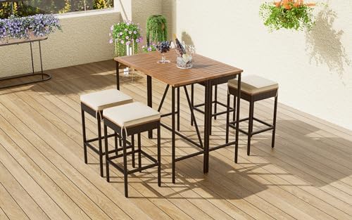 GO 5-Piece Outdoor Acacia Wood Bar Height Table And Four Stools With Cushions, Garden PE Rattan Wicker Dining Table, Foldable Tabletop, High-Dining Bistro Set, All-Weather Patio Furniture, Brown - Image 3