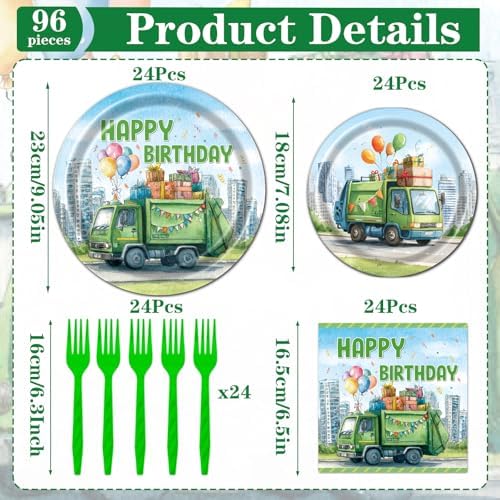 Trash Truck Birthday Party Decorations, 96PCS Garbage Truck Birthday Paper Plates and Napkins Tableware Decoration Cartoon Garbage Truck Forks Decor Baby Shower Supplies, Serve 24 - Image 2
