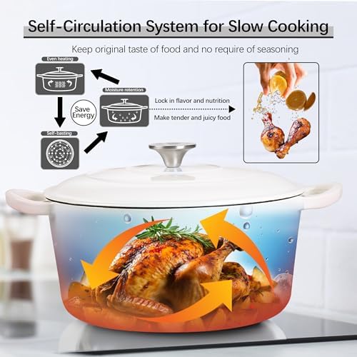 E-far 7QT Enameled Dutch Oven, Cast Iron Dutch Oven Pot with Lid for Cooking/Bread Baking/Braising/Roasting/Stewing, Heavy Duty Round Nonstick Cookware Safe for Induction & Oven - White - Image 5