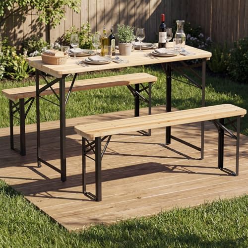 Tangkula 3 Piece Folding Picnic Table with 2 Benches, Foldable Wood Picnic Table Bench Set with Heavy-Duty Metal Frame for 4, Space-Saving Outside Table and Bench Set for Backyard, Patio, Garden - Image 2