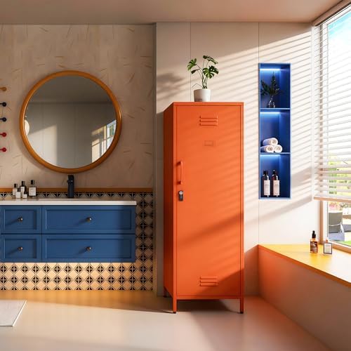 Metal Locker Storage Cabinets Lockable Single Storage Cabinet with Door and Removable Shelves Kids Locker for School Gym Pantry Kitchen (Orange) - Image 6