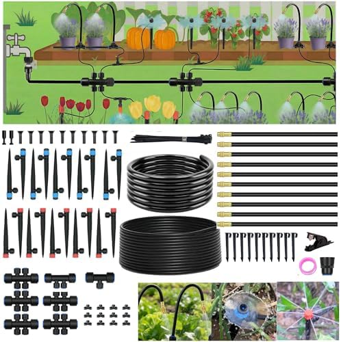 240FT Drip Irrigation System for Garden: 30 Nozzles 1/2" PE Tubing Automatic Watering Kit Adjustable Misting Sprinkler Mister 1/4" Hose for Water Plants Tape Raised Beds Lawn Outdoor Greenhouse by Toki-dot
